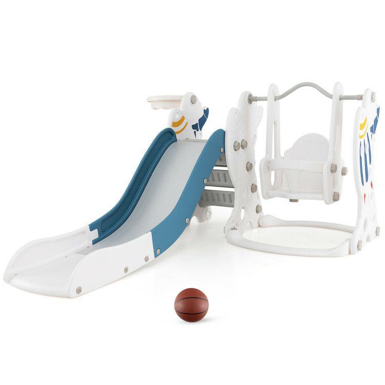 4-in-1 Kids Slide and Swing Set with Basketball Hoop Blue |   Climbers & Slides