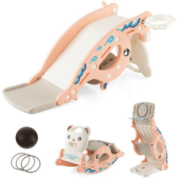 4-in-1 Kids Slide Rocking Horse with Basketball Pink |   Climbers & Slides