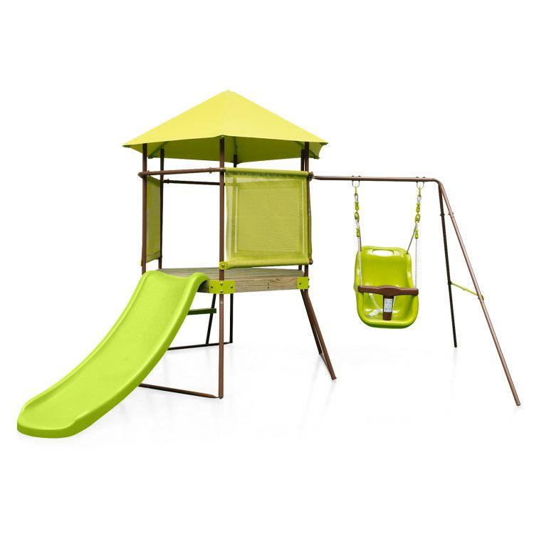 4-in-1 Swing Set with Covered Playhouse Fort and Height Adjustable Baby Seat Green |   Swing & Playsets