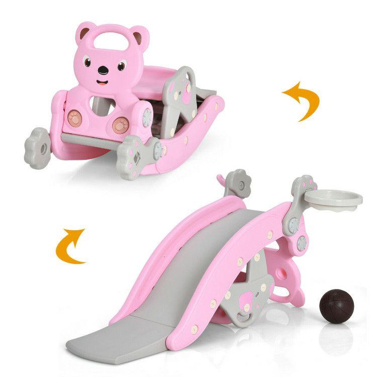 4-in-1 Toddler Slide and Rocking Horse Playset with Basketball Hoop Pink |   Climbers & Slides