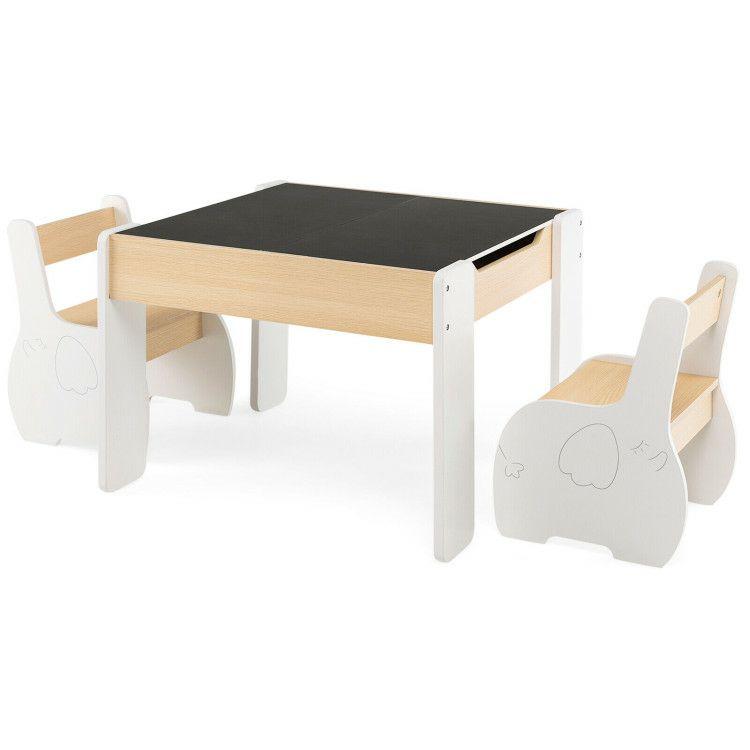 4-in-1 Wooden Activity Kids Table and Chairs with Storage and Detachable Blackboard White |   Kids Table & Chair Sets