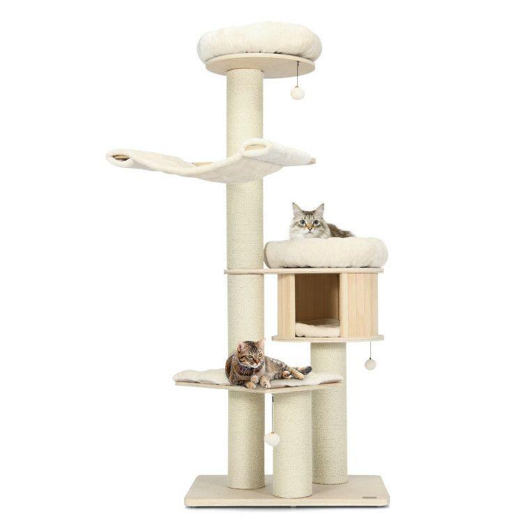 4-Layer 68.5-Inch Wooden Cat Tree Condo Activity Tower with Sisal Posts Natural |   Cat Trees, Condos & Scratchers