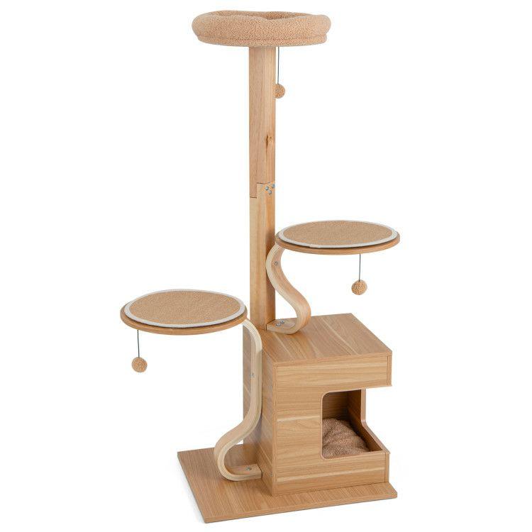 4-Layer Wooden Cat Tree 51 Inch Tall Cat Tower with Condo and Washable Cushions Natural |   Cat Trees, Condos & Scratchers