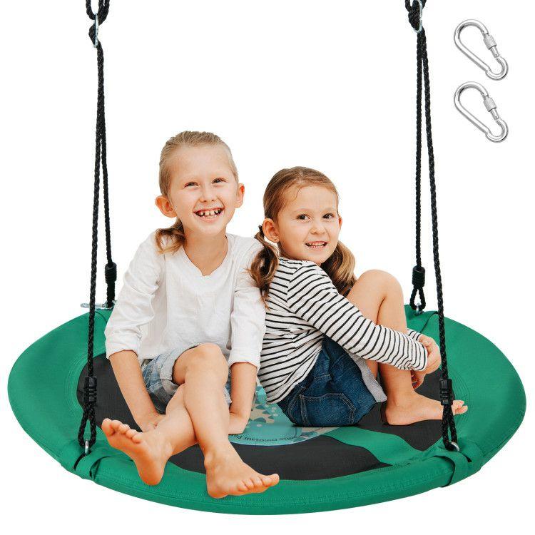 40 Inches Saucer Tree Swing Round with Adjustable Ropes and Carabiners Green |   Swing & Playsets