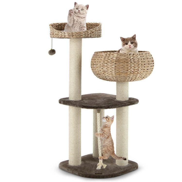 41 Inch Rattan Cat Tree with Napping Perch Beige |   Cat Trees, Condos & Scratchers