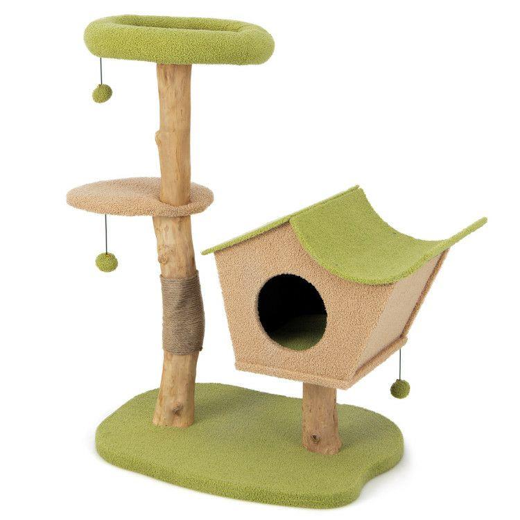 43 Inch Wooden Cat Tree with Padded Top Perch Green |   Cat Trees, Condos & Scratchers