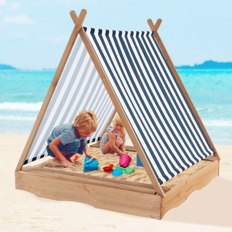 49 x 48 Inch Kids Wooden Sandbox with Cover and 2 Bench Seats  |   Outdoor Play