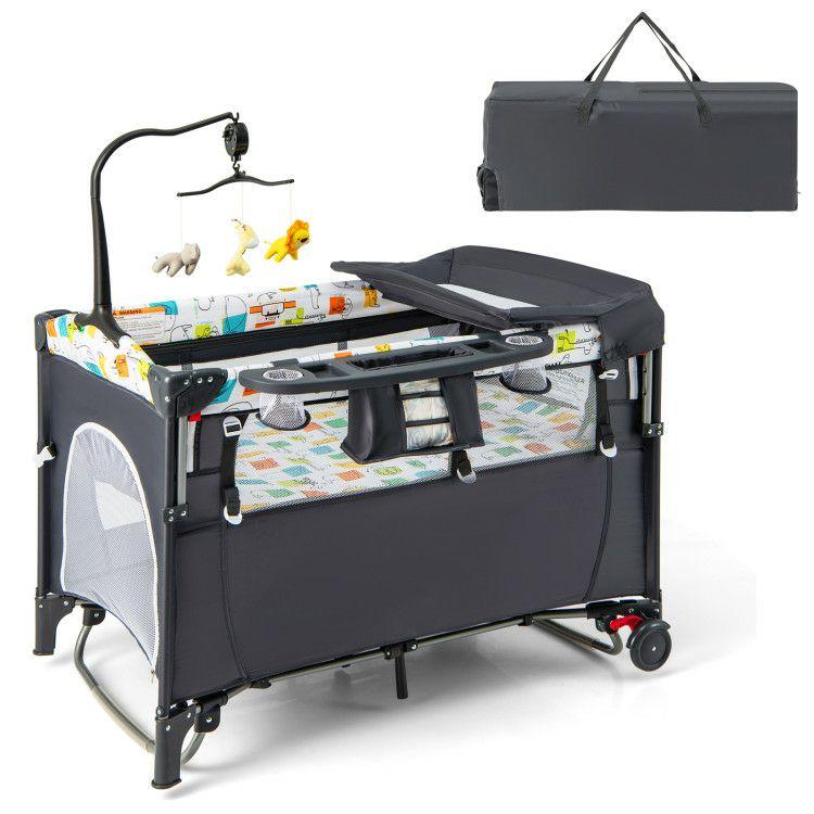 5-in-1 Foldable Baby Playpen Bedside Crib with Music Box Gray |   Baby Playpen & Playards