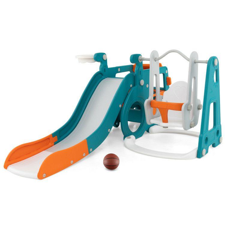 5-in-1 Kids Slide and Swing Set with Mini Bus and Basketball Hoop Multicolor |   Climbers & Slides