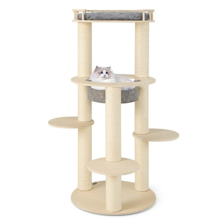 5-level Wooden Cat Tree with Padded Perch Non-woven Hammock Gray |   Cat Trees, Condos & Scratchers