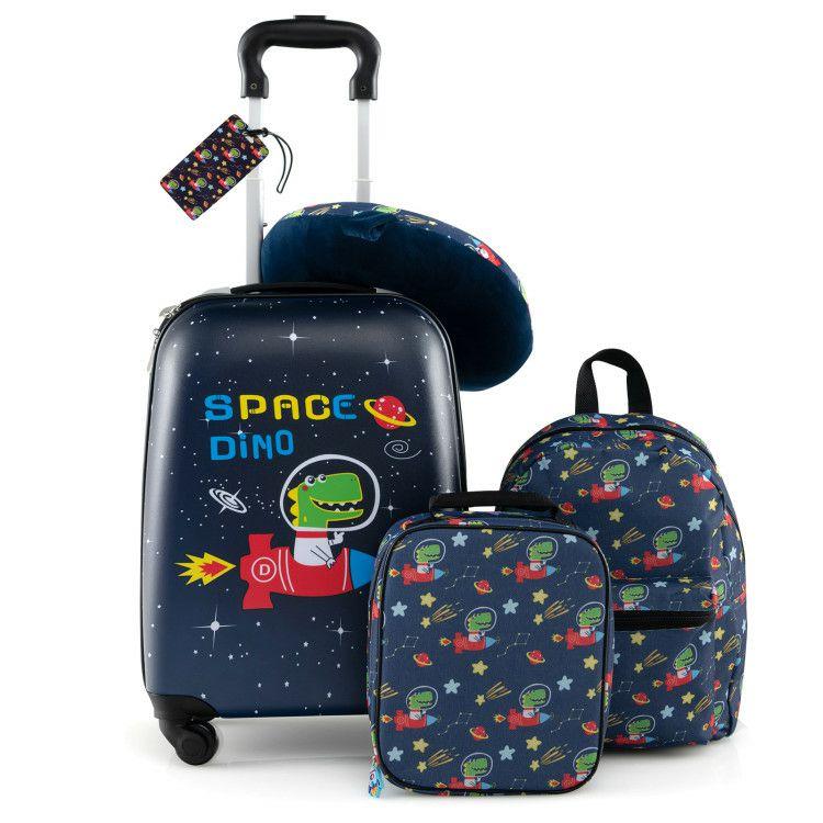 5 Piece Kids Luggage Set with Backpack, Neck Pillow, Name Tag, Lunch Bag Dark Blue |   Kids Luggage