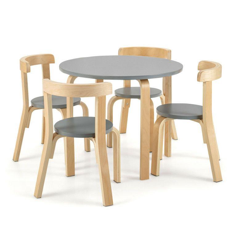 5-Piece Kids Wooden Curved Back Activity Table and Chair Set with Toy Bricks Gray |   Kids Table & Chair Sets