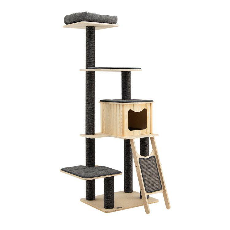 5-Tier Modern Wood Cat Tower with Washable Cushions Gray |   Cat Trees, Condos & Scratchers