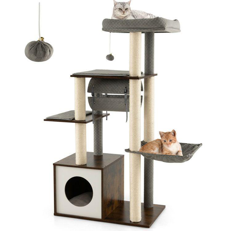 53 Inch Cat Tree with Condo and Swing Tunnel Gray |   Cat Trees, Condos & Scratchers