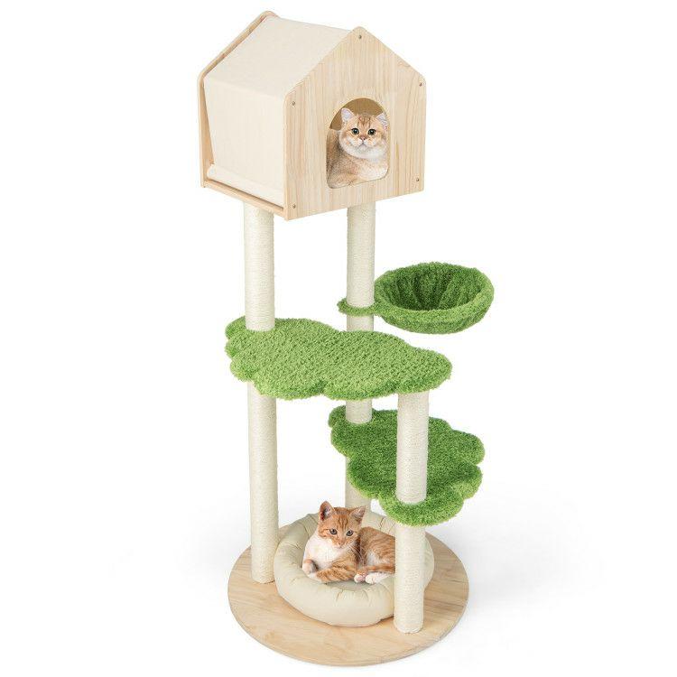 55 Inch Tall Cat Climbing Stand with Sisal Scratching Posts and Soft Cat Bed for Indoor Kittens Green |   Cat Trees, Condos & Scratchers