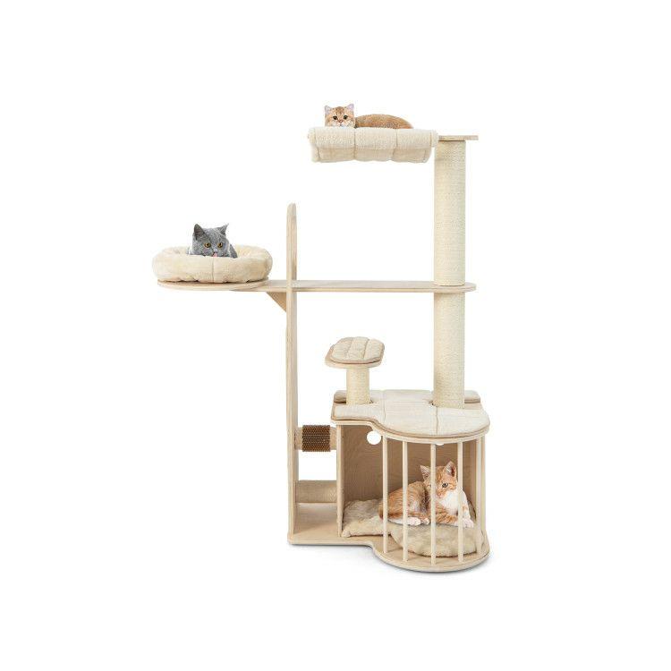 55 Inch Tall Multi-Level Cat Tree with Washable Removable Cushions Natural |   Cat Trees, Condos & Scratchers