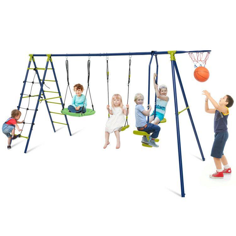 550 LBS 6-in-1 Patio Kids Swing Set with Climbing Net and Ladder Green |   Swing & Playsets