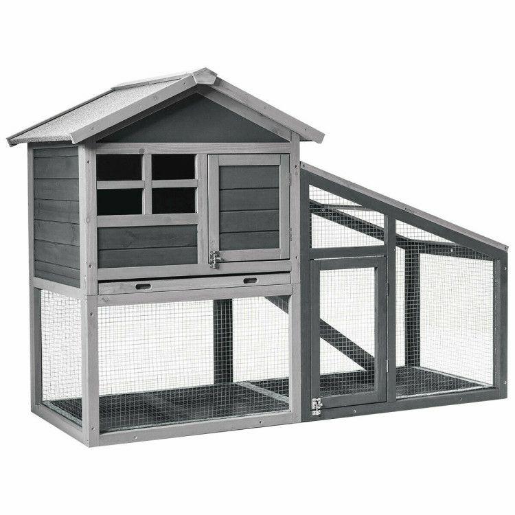 56.5 Inch Length Wooden Rabbit Hutch with Pull out Tray and Ramp Gray |   Rabbit Hutches