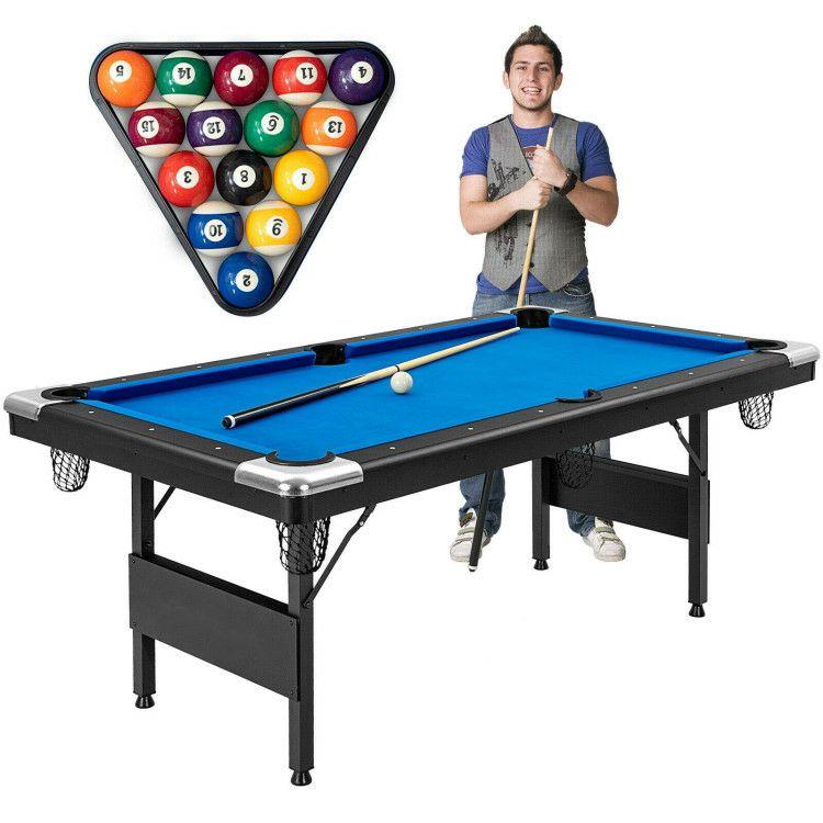 6 Feet Foldable Billiard Pool Table with Complete Set of Balls Blue |   Game Room