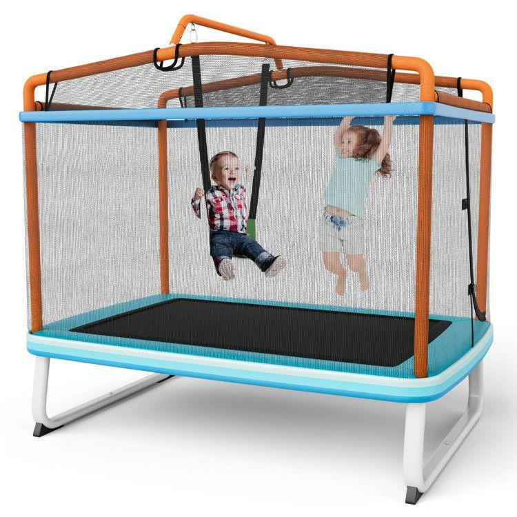 6 Feet Rectangle Trampoline with Swing Horizontal Bar and Safety Net Orange |   Outdoor Play