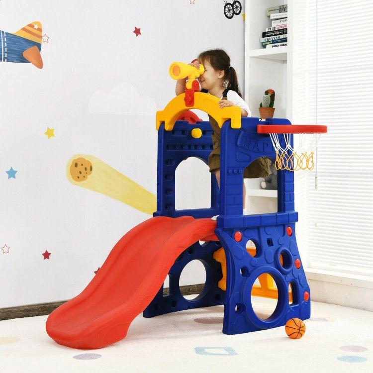 6-in-1 Freestanding Kids Slide with Basketball Hoop and Ring Toss  |   Climbers & Slides