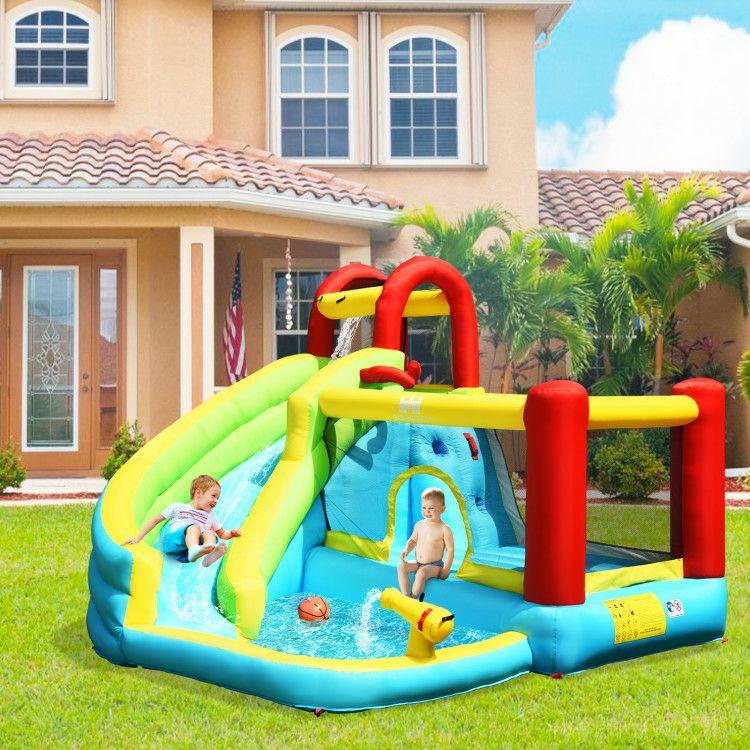 6-in-1 Inflatable Bounce House with Climbing Wall and Basketball Hoop with Blower  |   Bounce House