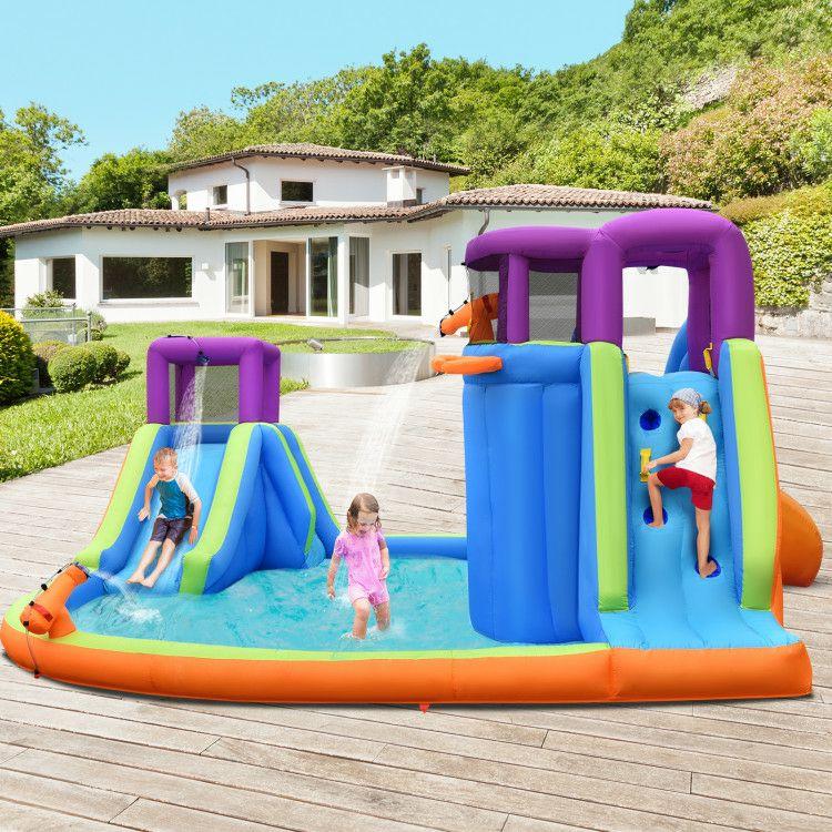 6-in-1 Inflatable Dual Water Slide Bounce House Without Blower Blue, Purple, Green, Orange |   Outdoor Play