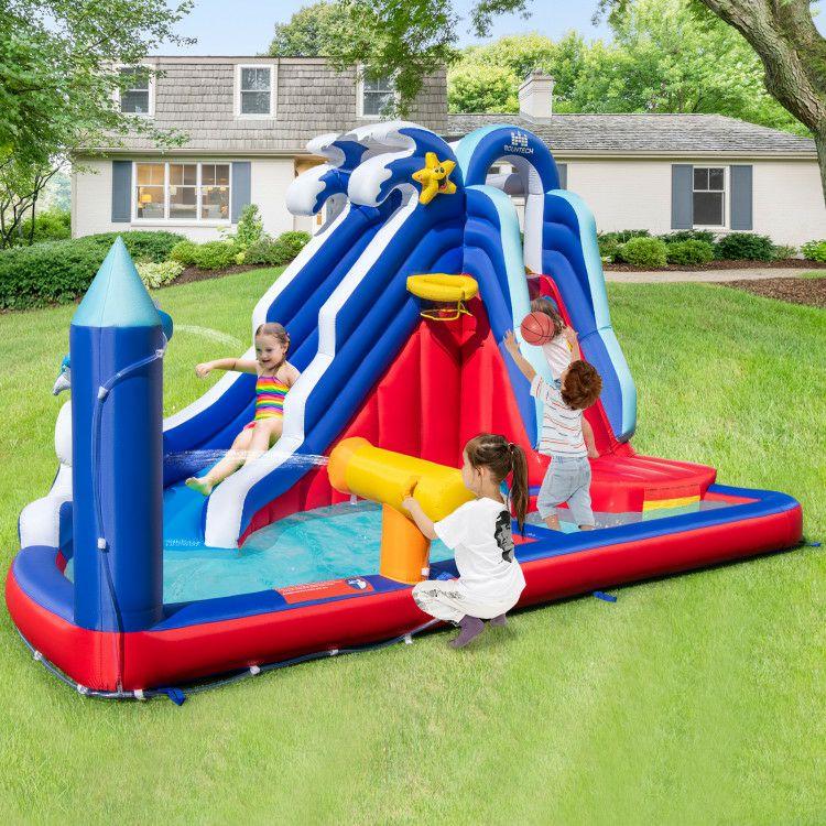 6-In-1 Inflatable Water Park with Climbing Wall Splash Pool (Without Blower)  |   Bounce House