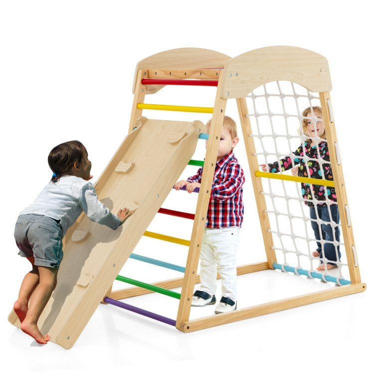 6-in-1 Jungle Gym Wooden Indoor Playground with Double-Sided Ramp and Monkey Bars Multicolor |   Outdoor Play