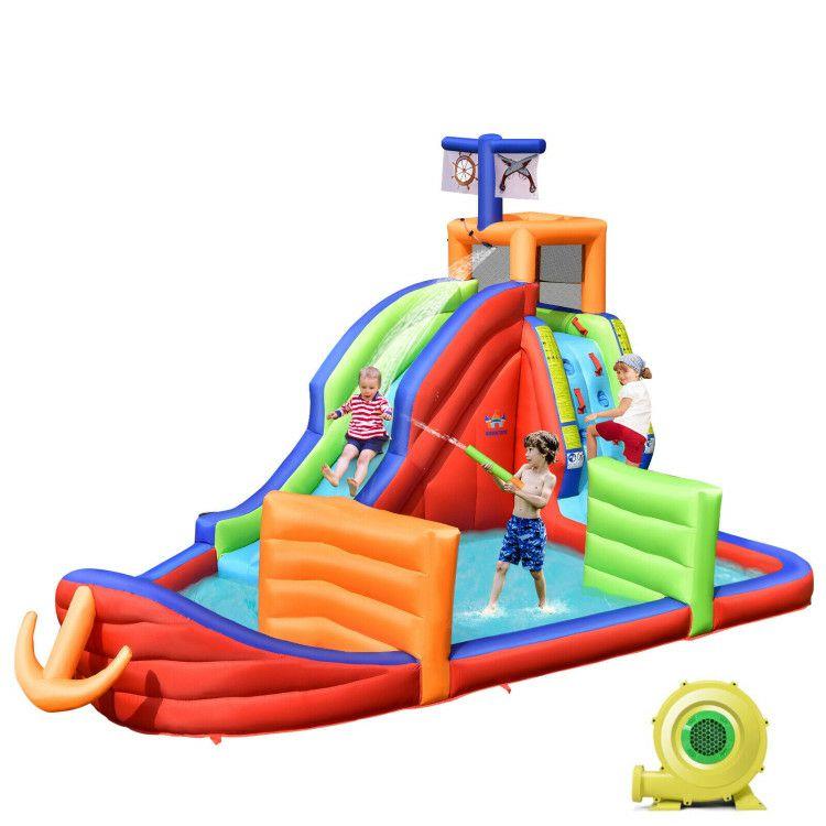 6-in-1 Pirate Ship Waterslide Kid Inflatable Castle with Water Guns and 735W Blower Multicolor |   Outdoor Play