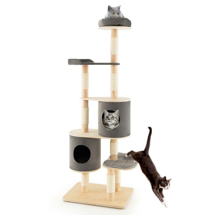 6-Tier Wooden Cat Tree with 2 Removeable Condos Platforms and Perch Gray |   Cat Trees, Condos & Scratchers