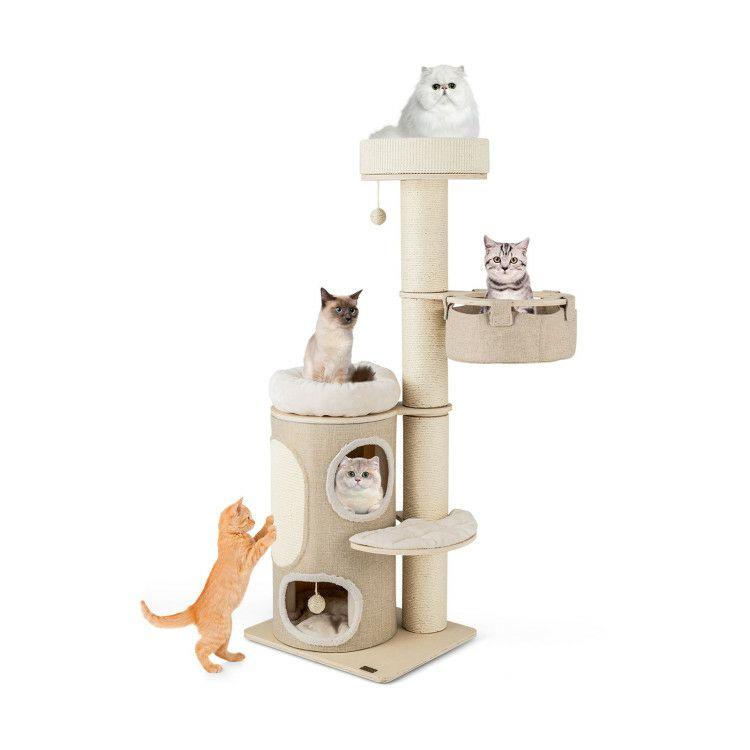 61 Inches Cat Tree for Indoor Cats with 2-stoery Condo and Top Perch Natural |   Cat Trees, Condos & Scratchers