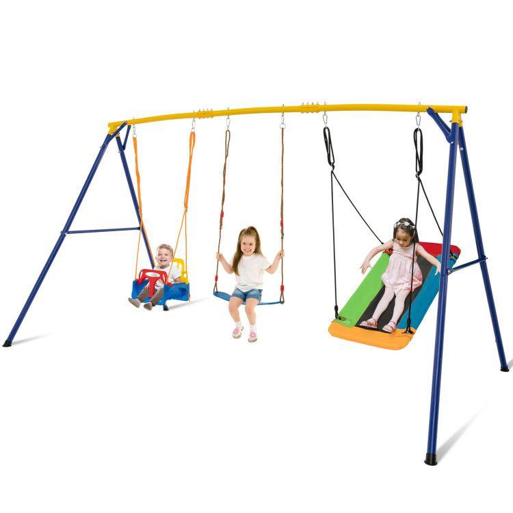 660 LBS Heavy Duty Carbon Steel Swing Frame with 3 Swings Yellow |   Swing & Playsets