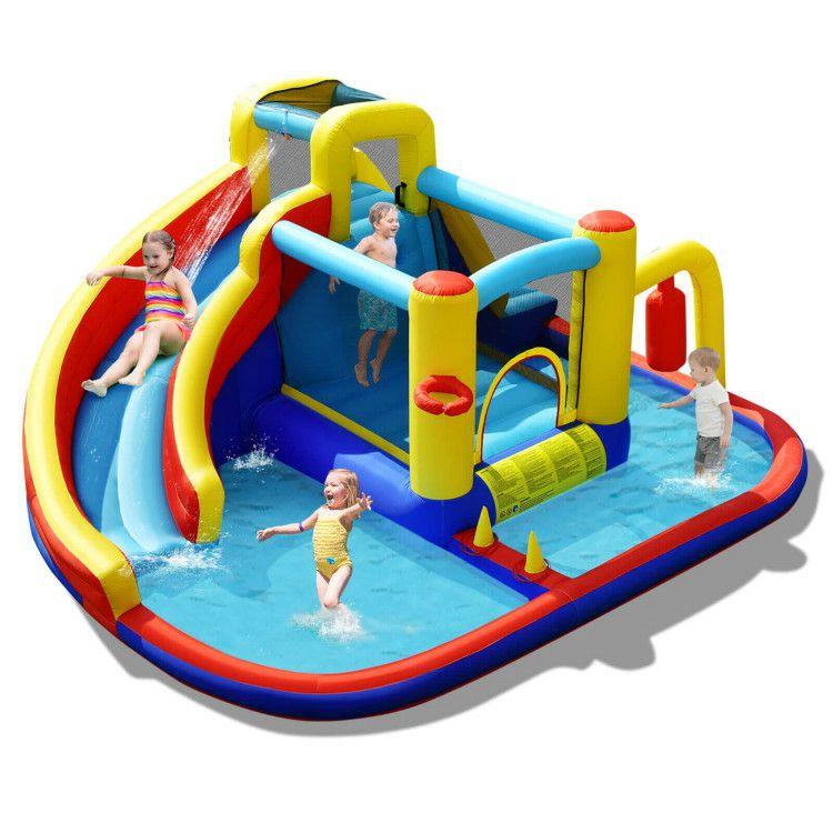 7-in-1 Inflatable Water Slide Bounce Castle with Splash Pool and Climbing Wall without Blower Multicolor |   Bounce House