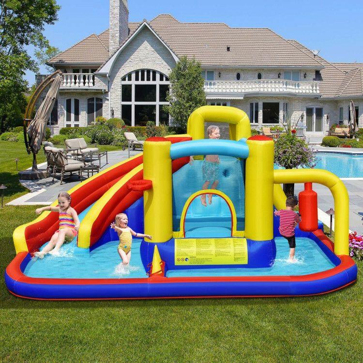 7-in-1 Inflatable Water Slide with 735W Air Blower and Splash Pool Multicolor |   Outdoor Play