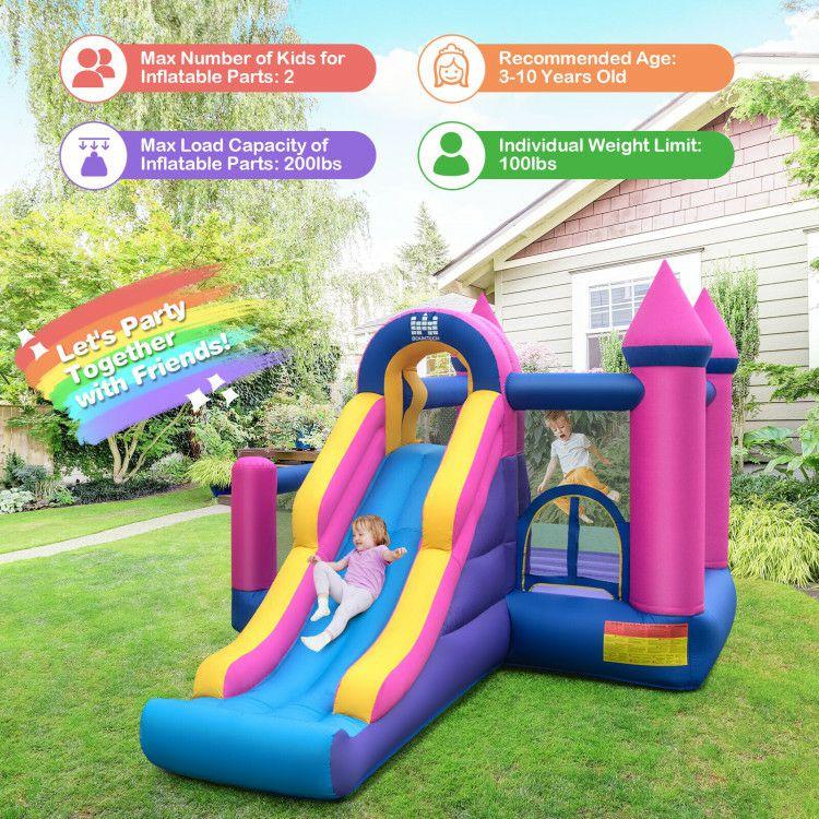 7-in-1 Kids Inflatable Bounce House with Long Slide and 735W Blower  |   Outdoor Play