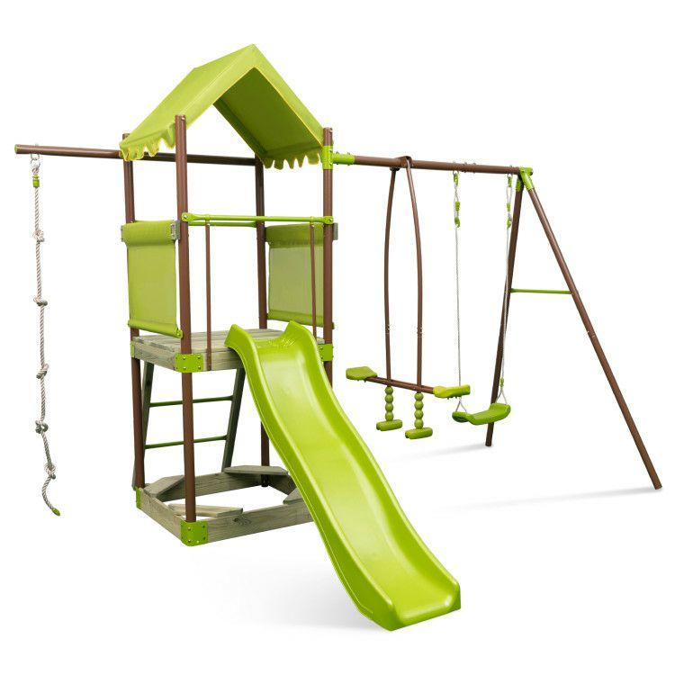 7-in-1 Kids Outdoor Metal Playset with Wave Slide and Climbing Rope Green |   Swing & Playsets