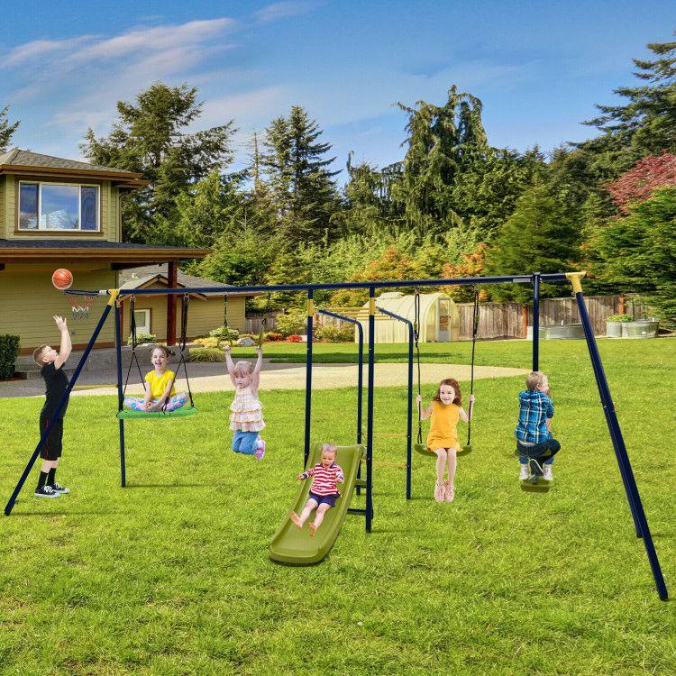 7-in-1 Stable A-shaped Outdoor Swing Set for Backyard Blue, Green |   Outdoor Play