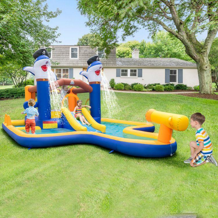 7-In-1 Water Slide Park with Splash Pool and Water Cannon with 680W Blower  |   Outdoor Play