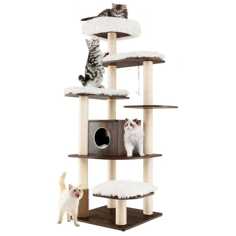 7-Layer Wooden Cat Tree Tall Cat Tower with Sisal Posts and Condo Brown |   Cat Trees, Condos & Scratchers