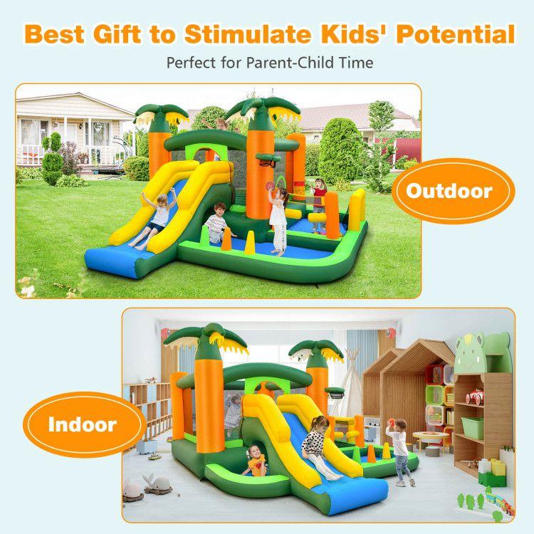 8-in-1 Tropical Inflatable Bounce Castle with 2 Ball Pits Slide and Tunnel Without Blower Multi-Colored |   Outdoor Play