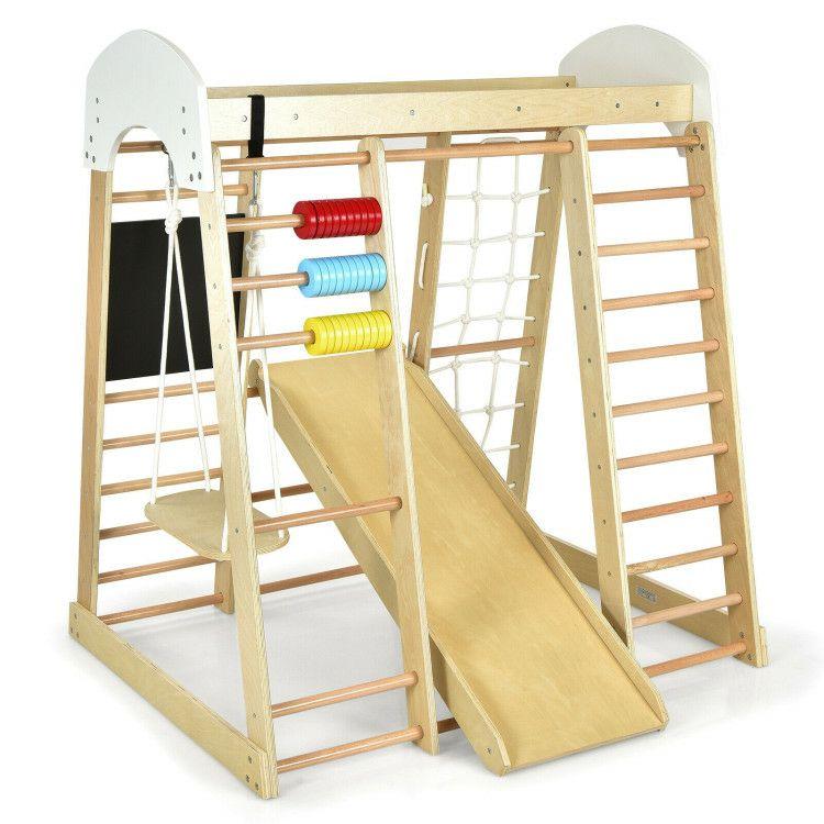 8-in-1 Wooden Climber Play Set with Slide and Swing for Kids Natural |   Climbers & Slides