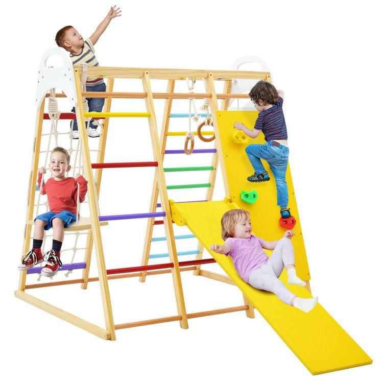 8-in-1 Wooden Jungle Gym Playset with Slide and Monkey Bars Multicolor |   Climbers & Slides