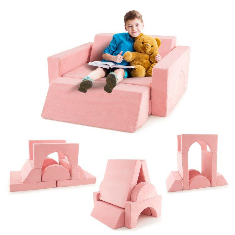 8 Pieces Kids Modular Play Sofa with Detachable Cover for Playroom and Bedroom Pink |   Kids Chairs & Seating