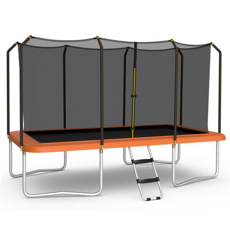 8 x 14 Feet Rectangular Recreational Trampoline with Safety Enclosure Net and Ladder Orange |   Trampolines