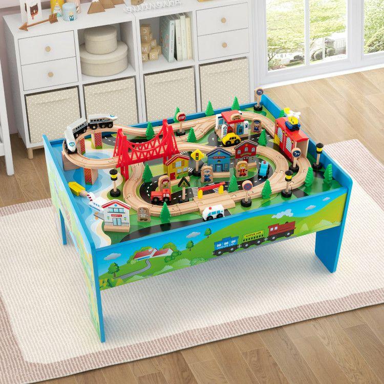 80-Piece Wooden Train Set and Table Multi-Color |   Learning Toys