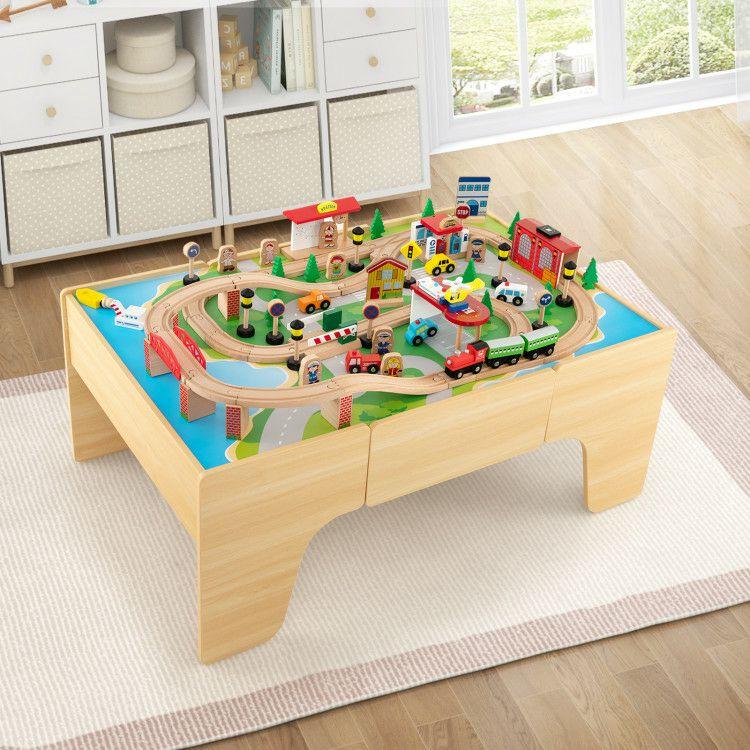 84-Piece Wooden Train Set with Reversible and Detachable Tabletop Natural |   Learning Toys