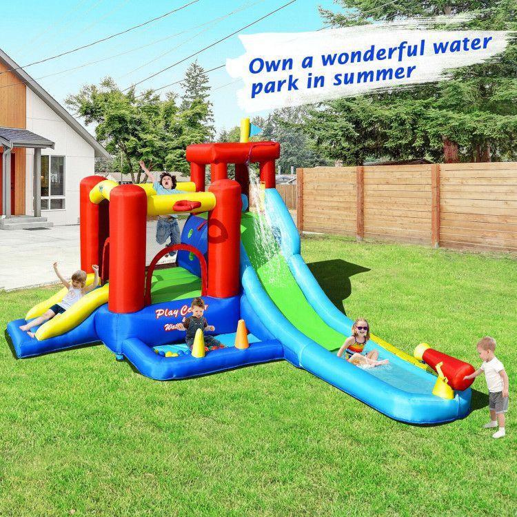 9-in-1 Inflatable Kids Water Slide Bounce House with 860W Blower Multicolor |   Outdoor Play