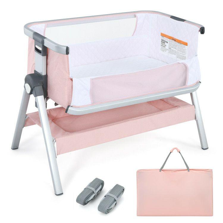 Baby Bedside Bassinet with Storage Basket and Wheels Pink |   Bassinets & Bedside Sleepers