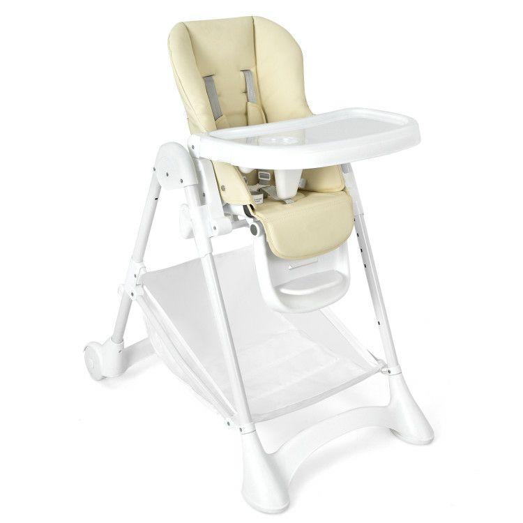 Baby Folding Chair with Wheel Tray Storage Basket Beige |   High Chairs